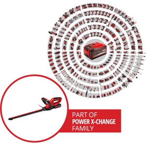 Einhell Akku-Heckenschere GC-CH 1846 Li Kit mit Akku und Power X-Change Familie im Hintergrund.