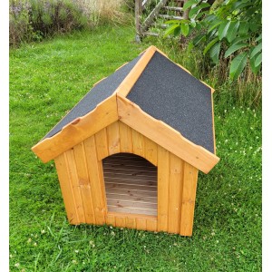 Braune Promadino Hundehütte aus Kiefernholz mit Satteldach und wärmeisolierter Bauweise.