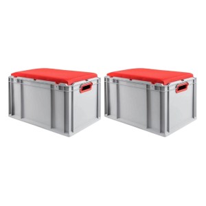 SparSet: 2 graue Euroboxen mit rotem Sitzkissen, 65 Liter, als Transport- und Sitzbox.
