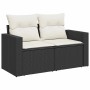 Schwarze vidaXL Garten-Sofagarnitur aus Rattan mit cremefarbenen Kissen für 2 Personen.
