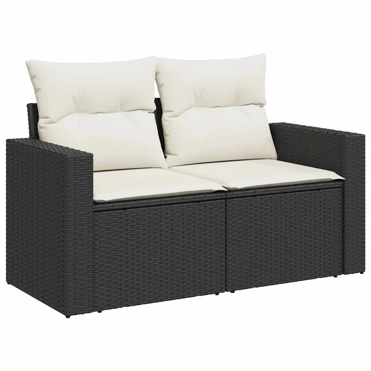 Schwarze vidaXL Garten-Sofagarnitur aus Rattan mit cremefarbenen Kissen für 2 Personen.