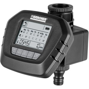 Kärcher WT 5 Bewässerungsautomat: Schwarzes Gehäuse mit Display zur Steuerung der Gartenbewässerung.