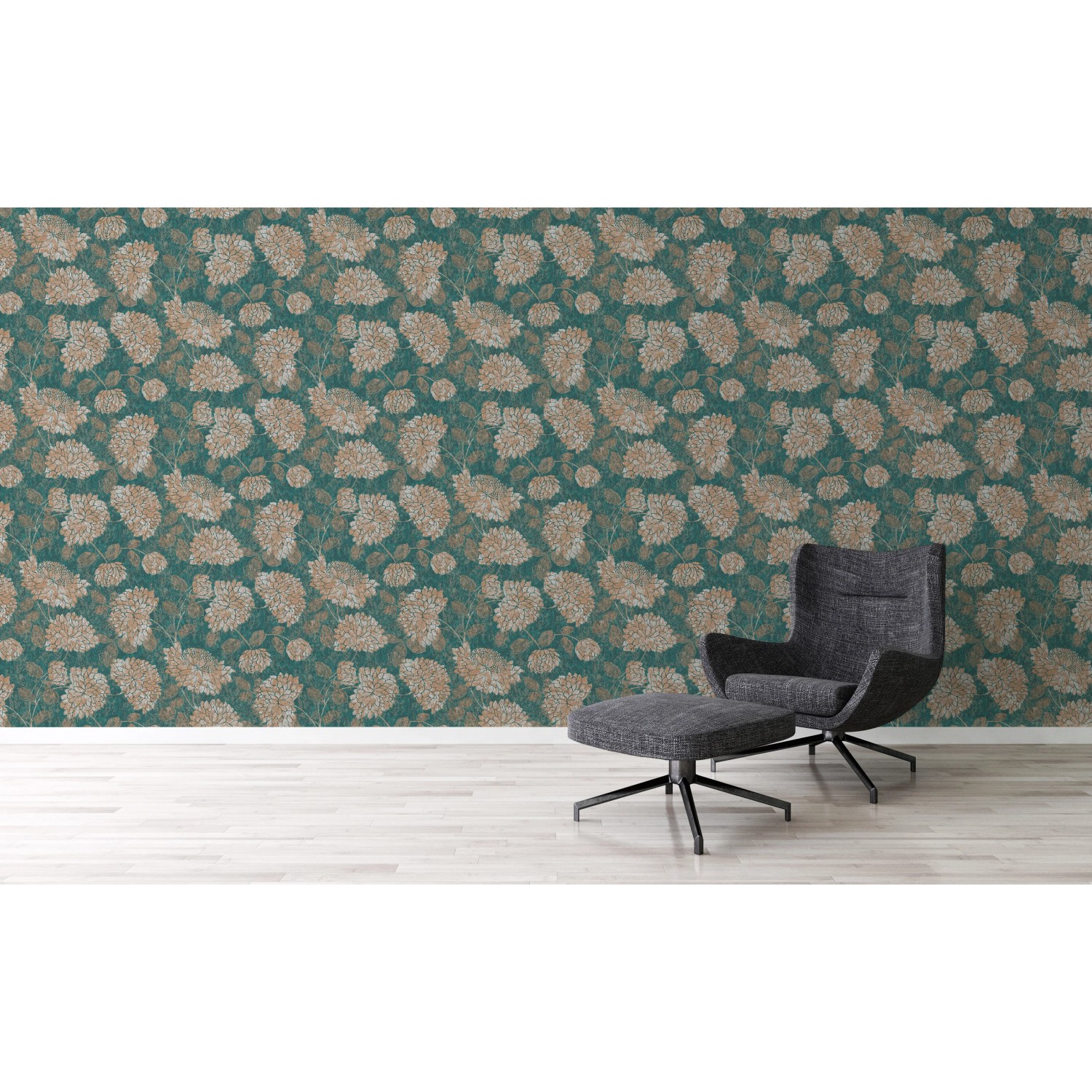 A.S. Création Vliestapete Blumen Grün-Gold mit floralem Muster im Wohnraum.
