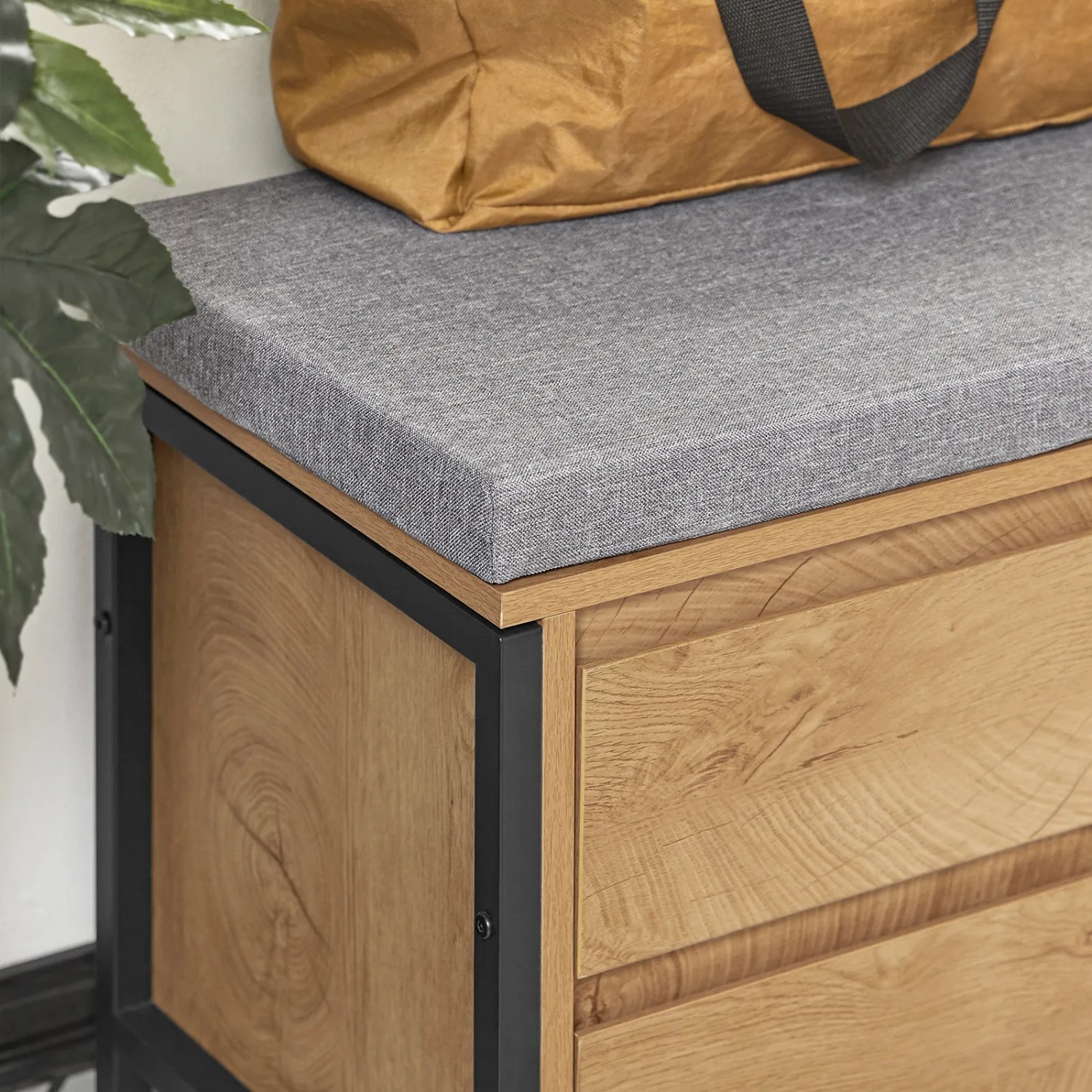 SoBuy Schuhbank FSR149-N mit Schubladen, Fächern, Sitzkissen in Natur und Schwarz.
