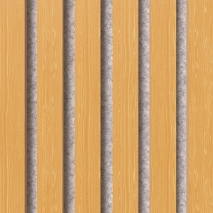 Akustikpaneel Muster Eiche Natur: Wandpaneel mit Holzleisten auf grauem Filz für bessere Raumakustik.