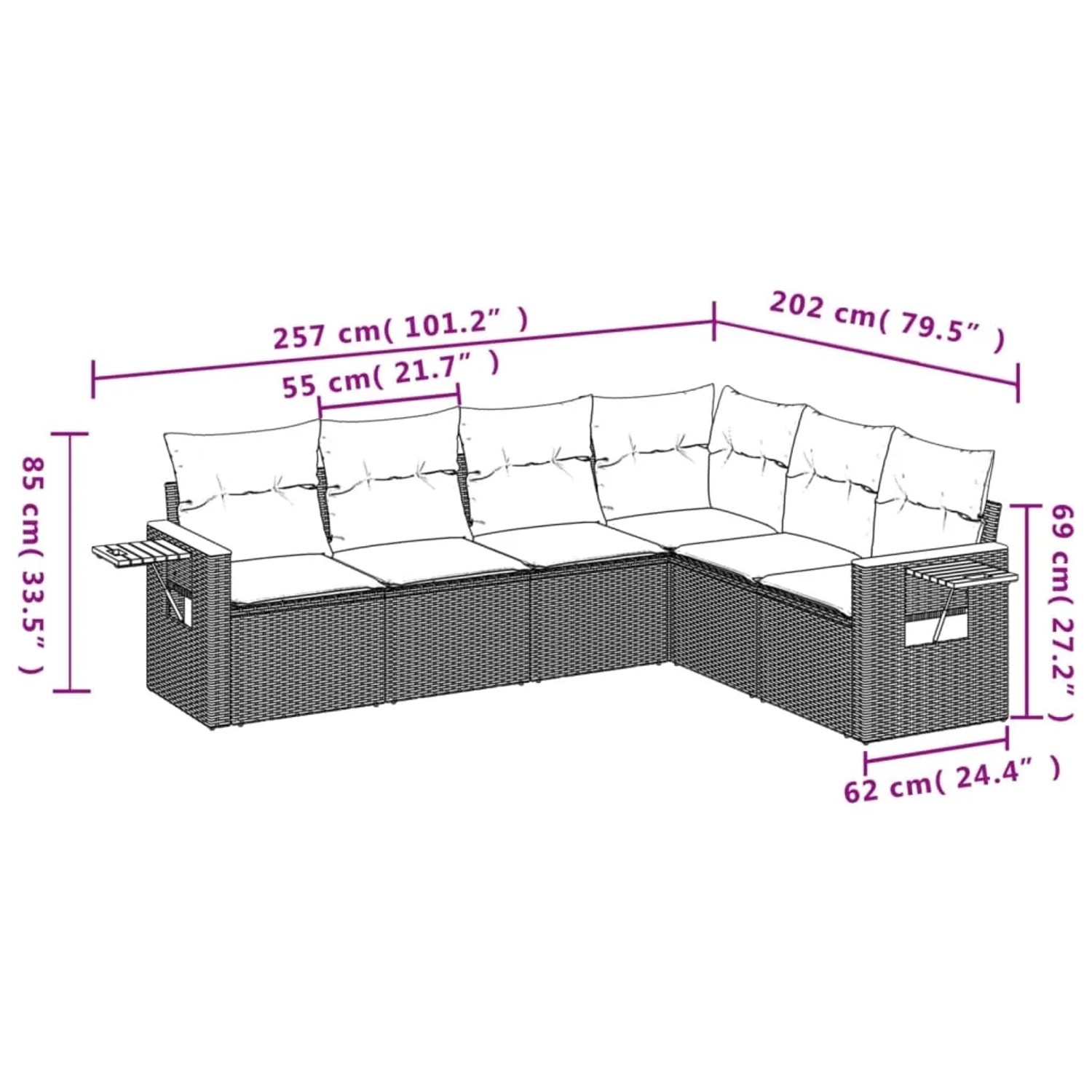 Beige 6-tlg. Garten-Sofagarnitur aus Polyrattan mit Kissen und Maßen.