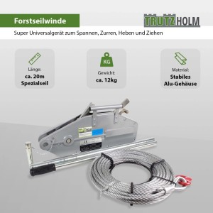 TRUTZHOLM Seilzug 1600kg mit 20m Seil, Greifzug und Forstseilwinde.