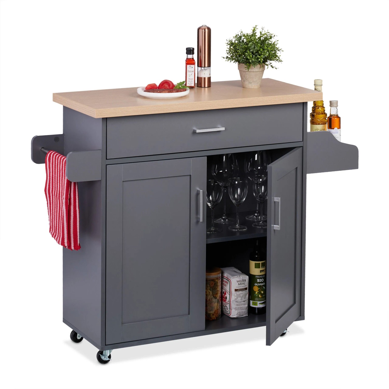Relaxdays Küchenwagen mit Arbeitsplatte Spanplatte MDF Eisen Grau Rollbar 90 cm x 114,5 cm x 39,5 cm 26 kg