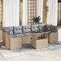 Beiges 8-tlg. vidaXL Garten-Sofa-Set aus Poly Rattan mit Tisch und grauen Kissen.
