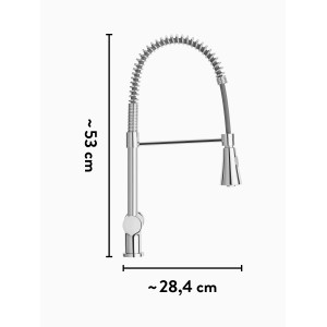 baliv Küchenarmatur KI-1170 Chrom, Einhebelmischer mit flexiblem Schlauch und Maßangaben.
