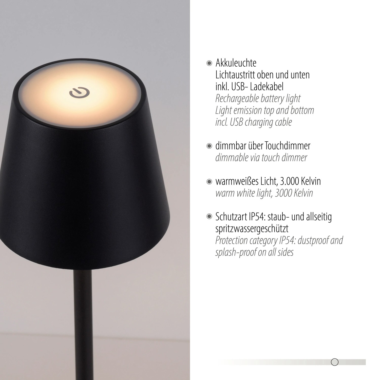Schwarze LED-Akku-Tischleuchte Euria, 37 cm, dimmbar, warmweißes Licht.