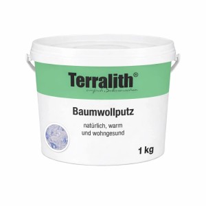 Terralith Baumwollputz Flüssigtapete im weißen 1 kg Eimer mit grünem Etikett und Texturprobe. Ideal für dekorativen Innenputz.