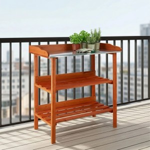 Oranger Relaxdays Pflanztisch aus Tannenholz mit Metallplatte. Dreistufiger Gartentisch für Balkon und Garten.