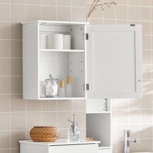 SoBuy Hängeschrank BZR19-W, weißer Bad Wandschrank mit offener Tür und zwei Regalen.