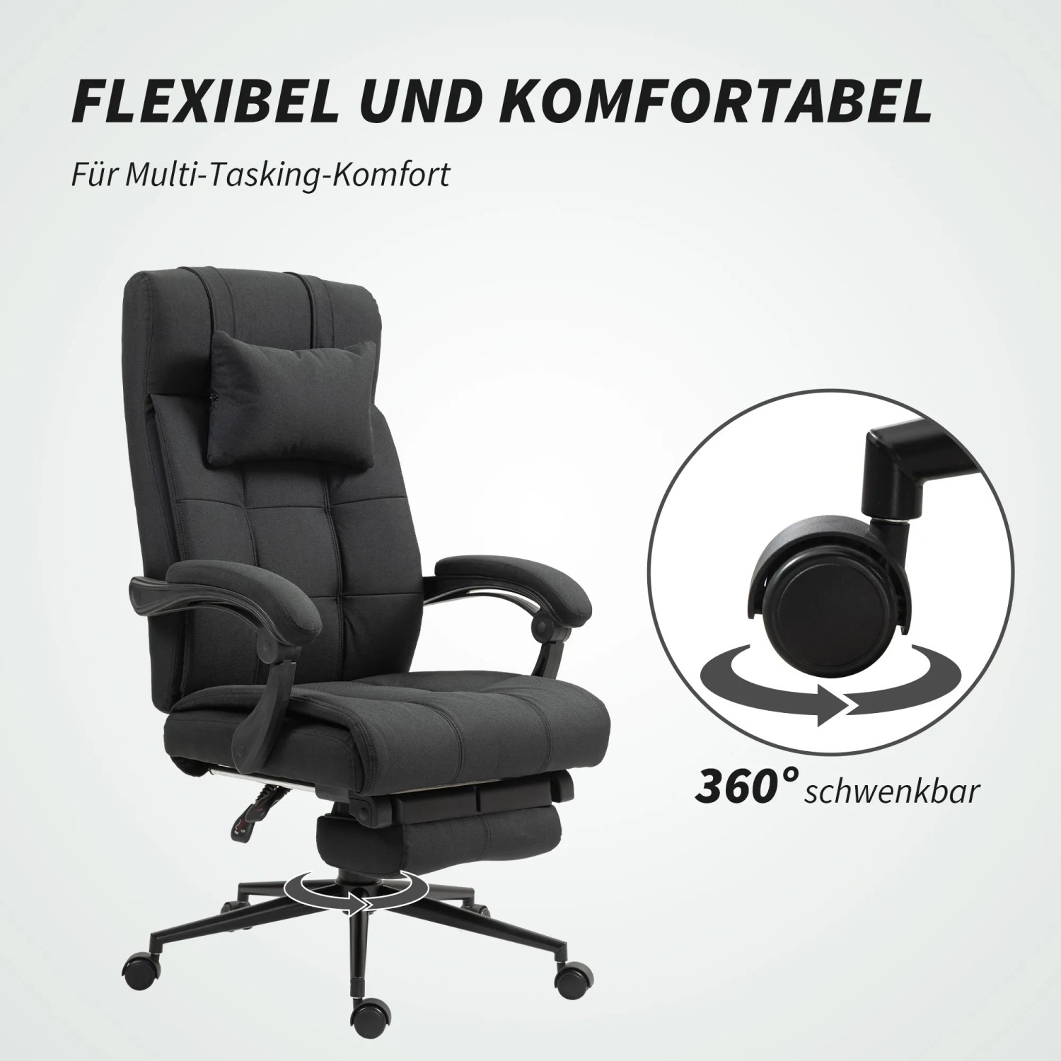 Schwarzer Vinsetto Bürostuhl mit Fußstütze, ergonomisch und 360° drehbar.