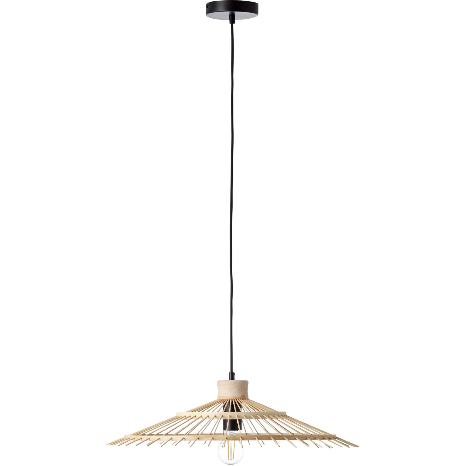 Schwarze Brilliant Pendelleuchte Pirae mit Lampenschirm aus Bambus.