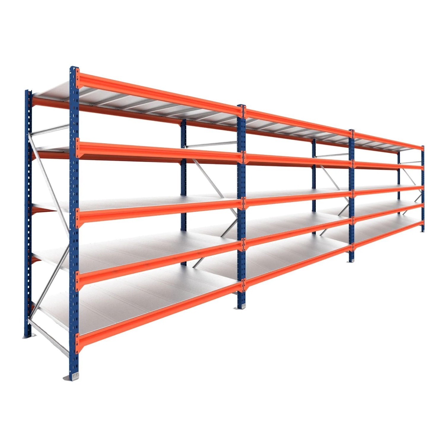 PROREGAL Weitspannregal Schwerlastregal DOMINUS Komplettregal 3 Felder 200x720x40cm 5 Ebenen Stahlplatten-Fachboden Fachlast 332 kg Blau/Orange