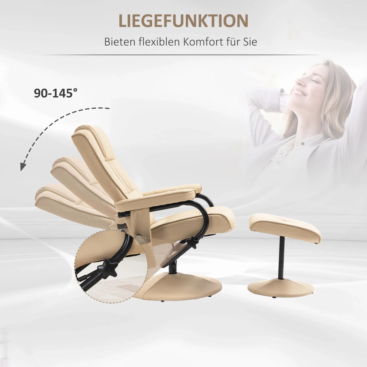 Cremefarbener Massagesessel mit Hocker, zeigt Liegefunktion von 90-145 Grad. Elektrischer Relaxsessel für Komfort.