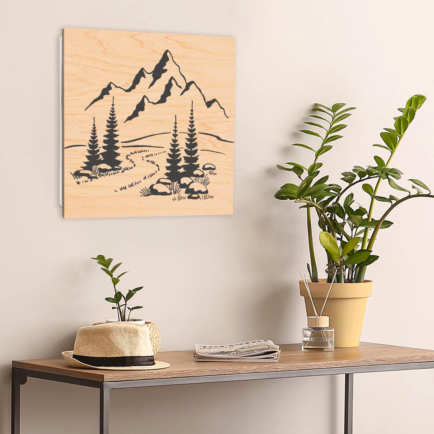 Banjado Schlüsselbox mit Berglandschaft Motiv. Schlüsselkasten aus Holz, 30x30cm, mit 50 Haken.