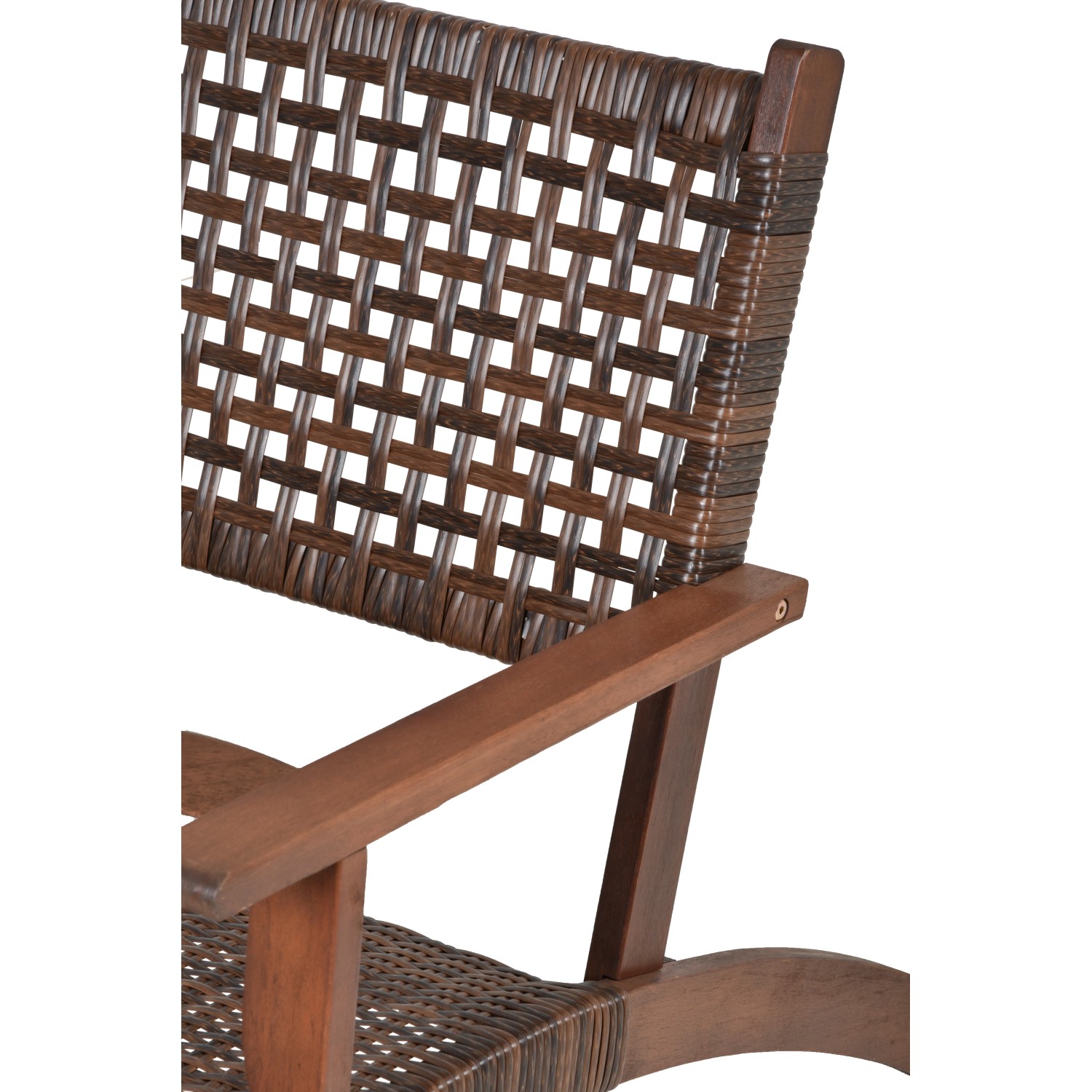 Detailansicht: Dunkelbrauner Gartenstuhl der Sitzgruppe Sonora mit Kunststoffgeflecht.