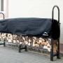 Schwarzes ShelterLogic Kaminholzregal 244x118cm mit Abdeckung, befüllt mit Holz.