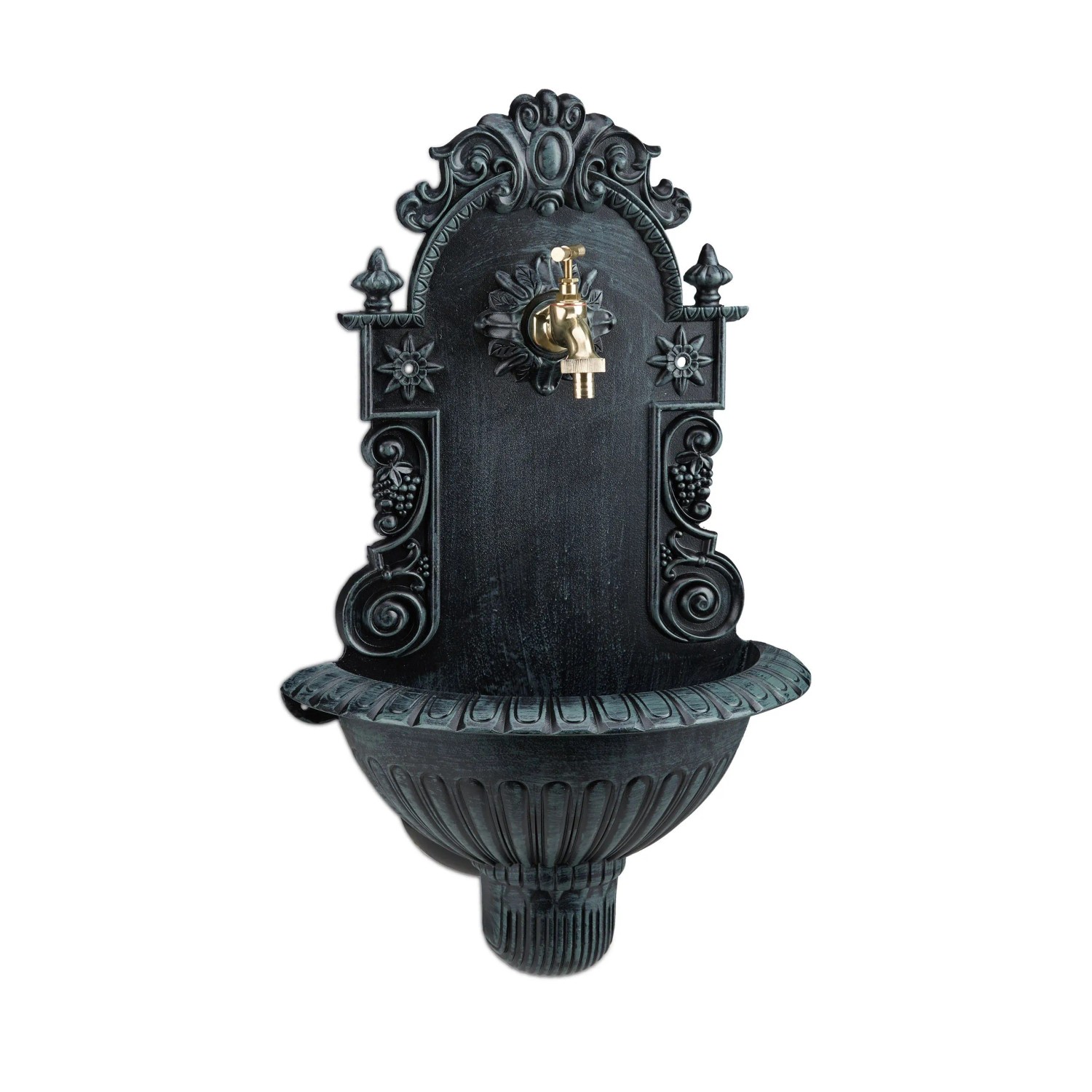 Relaxdays Wandbrunnen Aluminium Dunkelgrün Gold Antik 61,5 cm x 37,5 cm x 20 cm 3,2 kg