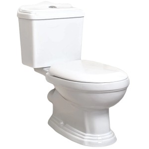 Weißes Kerra Retro Stand WC aus Keramik mit Softclosing Sitz und niedrigem Spülkasten im klassischen Design.