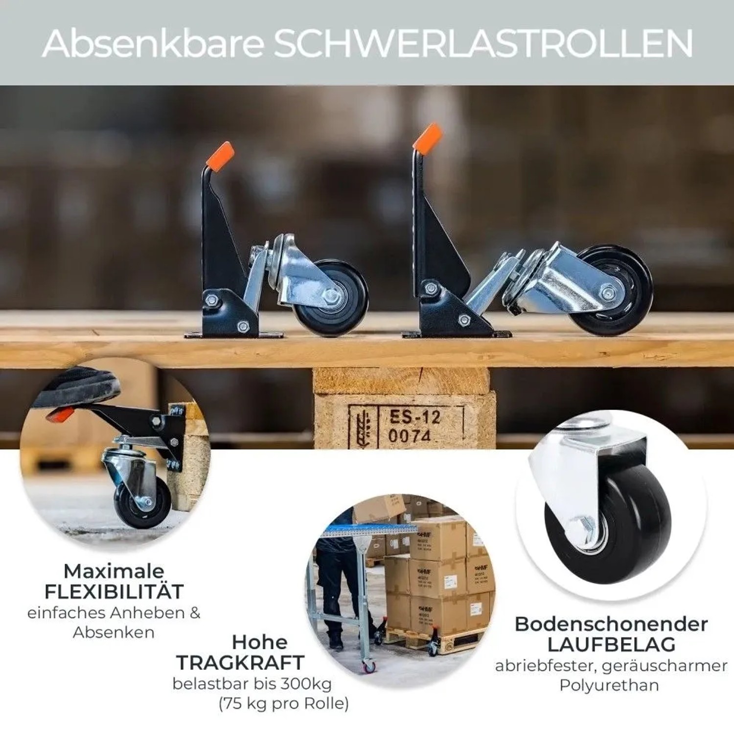 HMF 6750 Schwerlastrollen Absenkbar für Werkbank 4 Stück 65 mm bis 300 kg Schwarz_2