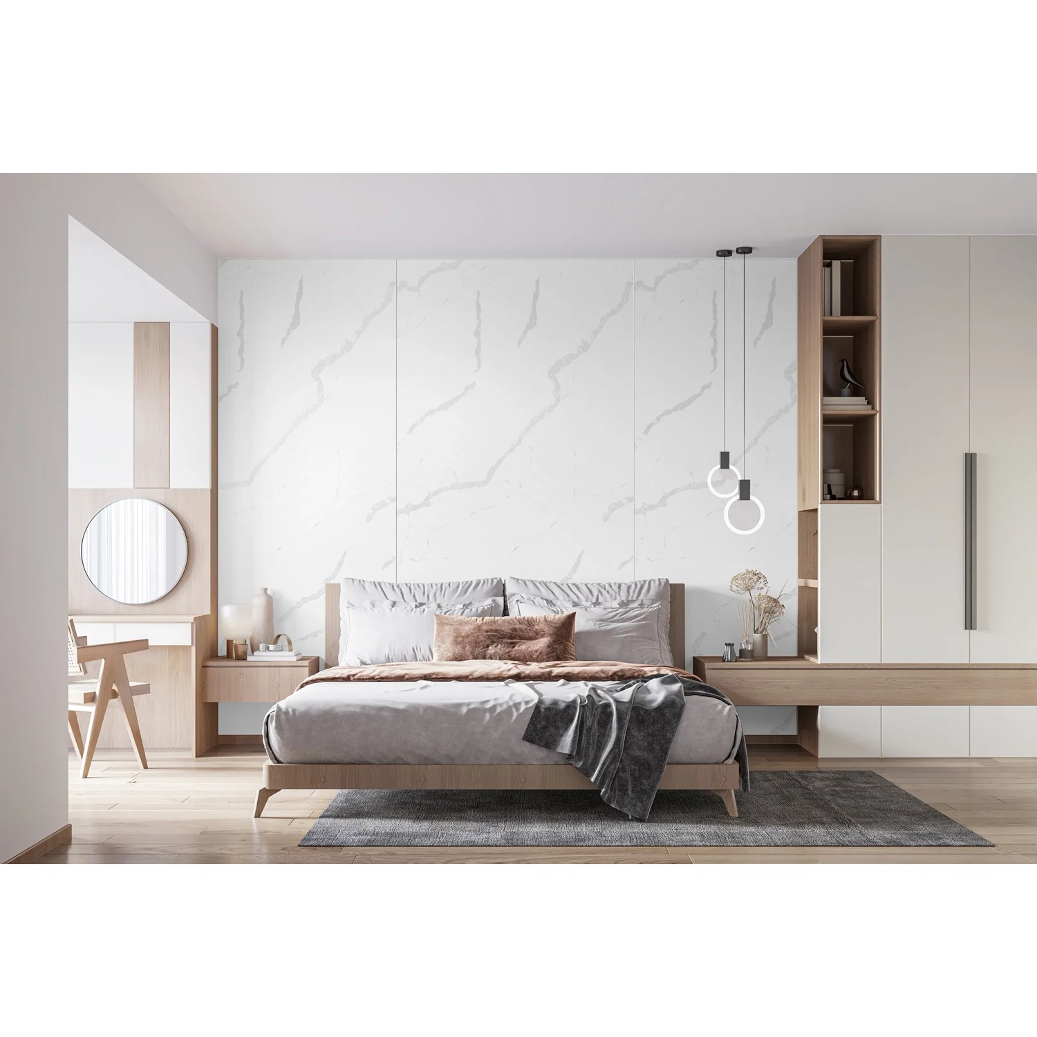 Helles Schlafzimmer mit weißer Kronoflooring Wandverkleidung Rock the Wall Statuario im Marmor-Look.