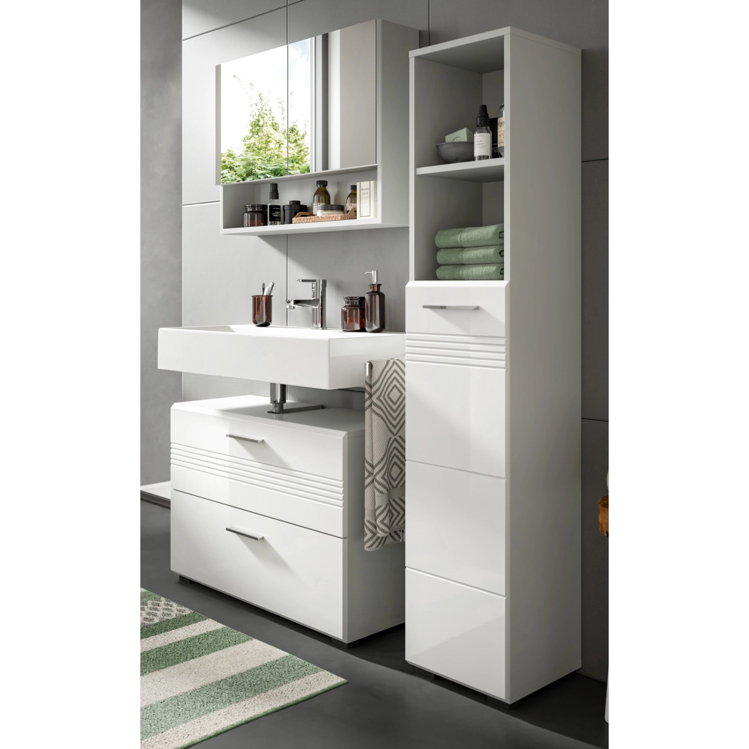 Inn.Furn Badmöbel-Set 3-teilig Weiß Hochglanz Grau 125 cm Soft-Close Carlo günstig online kaufen