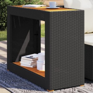 Schwarzer vidaXL Garten-Beistelltisch aus Rattan mit Holzplatte. Ideal für Terrasse und Garten.