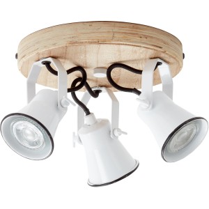 Brilliant Spot Seed 3er, weiße Wandlampe mit Holzrondell, schwenkbare Spots für GU10 Leuchtmittel.