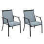 2er Set blaue Gartenstühle mit dunklem Metallrahmen und Armlehnen. Komfortable Terrassenstühle für Balkon & Garten.