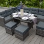 Graue Rattan Gartenmöbel Eckgarnitur mit Tisch, Hockern und Kissenbox für 9 Personen.