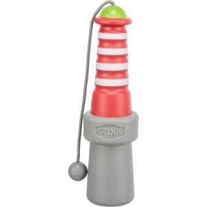 Trixie Aqua Toy Leuchtturm, schwimmendes Hundespielzeug aus TPR, 20 cm, rot/weiß/grau.