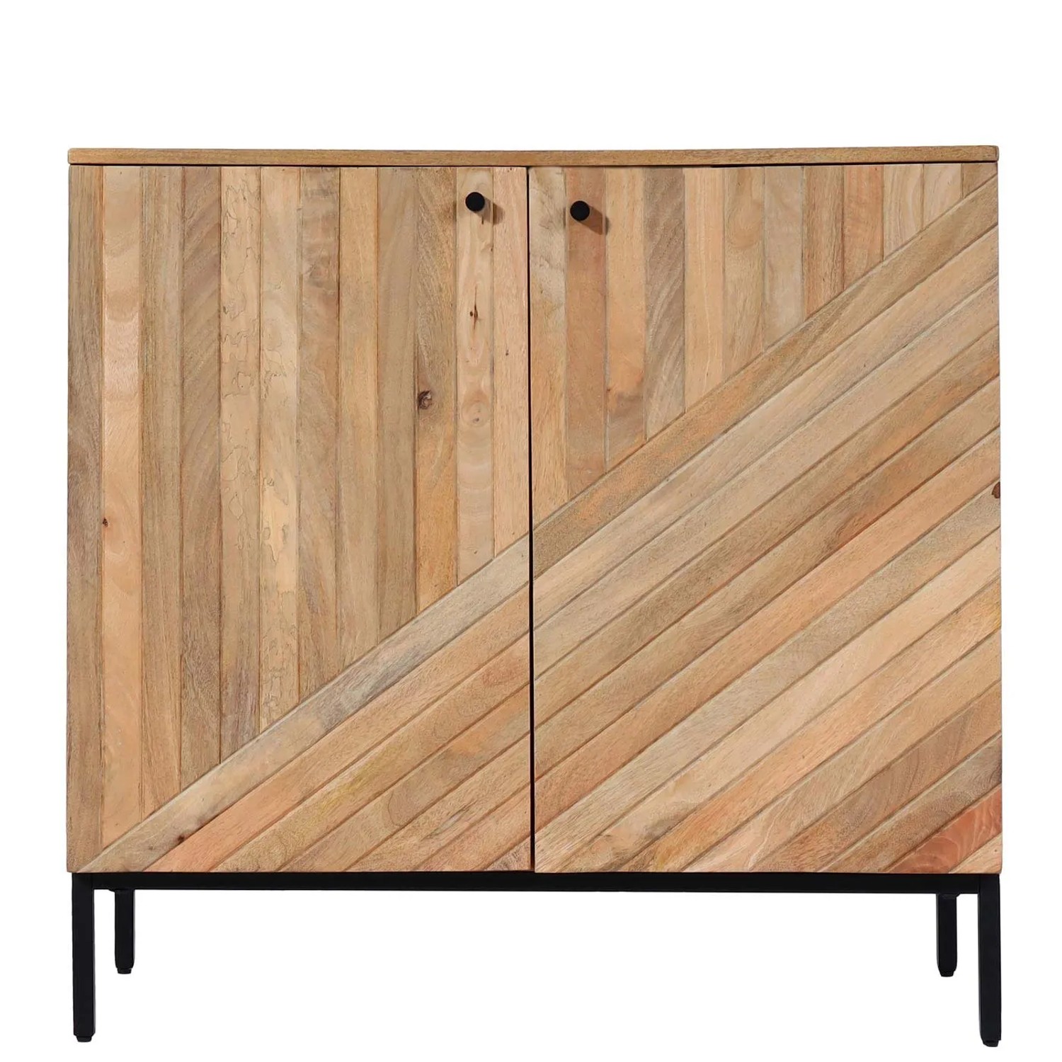 MCW Highboard L95 aus Mangoholz, 86x90x43cm, mit 2 Türen und schwarzen Metallfüßen.