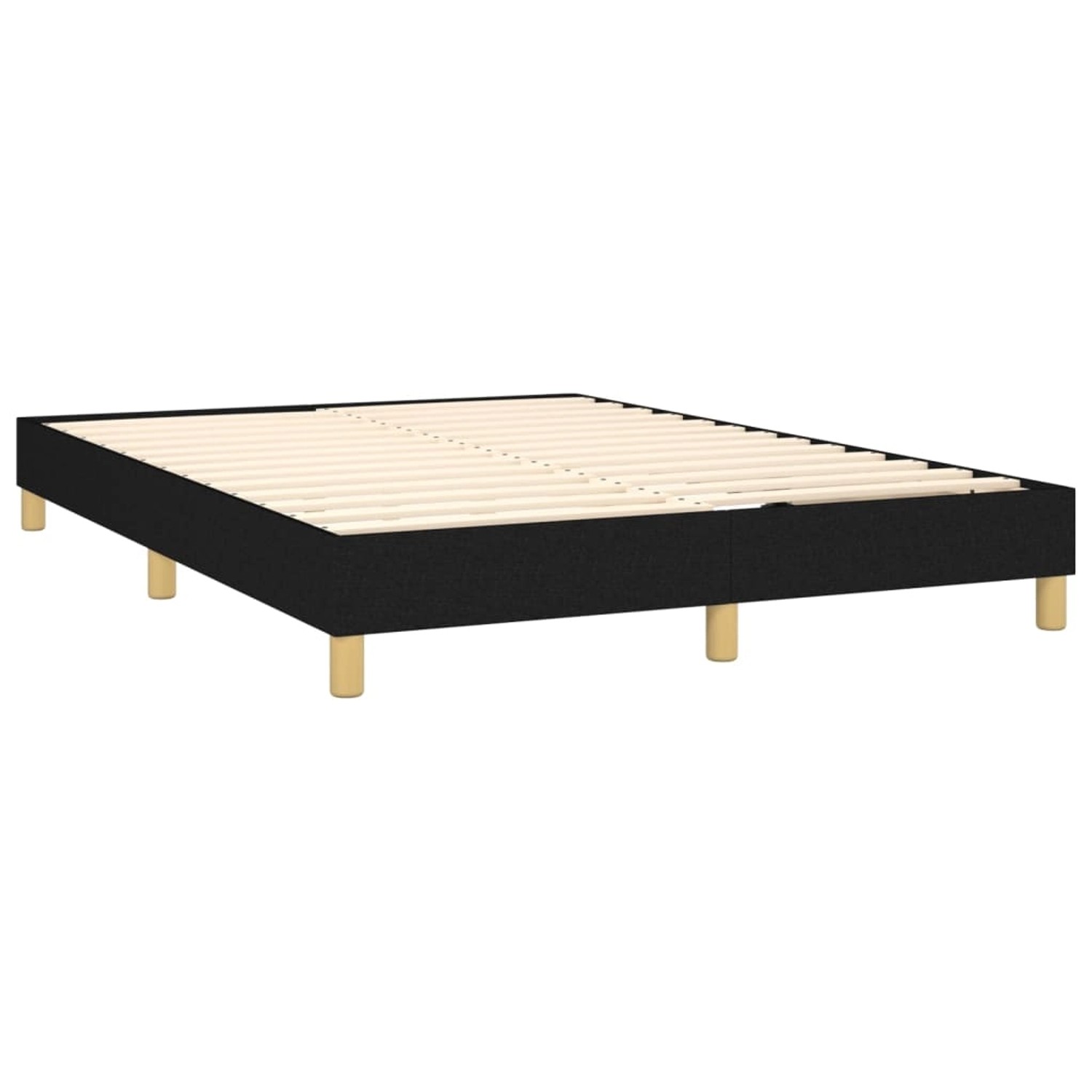 Schwarzes vidaXL Boxspringbett 140x190 cm mit Lattenrost. Bettrahmen aus Stoff mit Holzfüßen.
