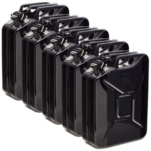 5 schwarze 20L Metall Kraftstoffkanister, TÜV-geprüft, für Benzin, Diesel & E10. Ideal als Reservekanister.