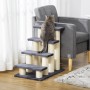 PawHut Tiertreppe mit 4 Stufen, grau, Katze sitzt darauf, vor grauem Sessel.