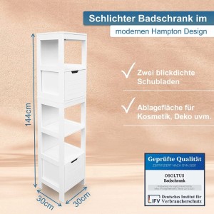osoltus Hampton Badschrank, 144 cm, weißes Holzregal mit offenen Fächern und zwei Schubladen.