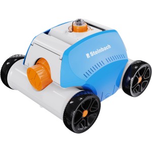 Steinbach Poolrunner Battery + Poolroboter in Blau und Weiß mit schwarzen Rädern.
