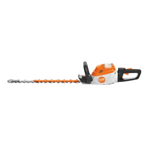 Stihl Akku-Heckenschere HSA 140 R in Orange-Weiß mit langem Schneidmesser. Leistungsstarke Heckenschere für Gartenpflege.