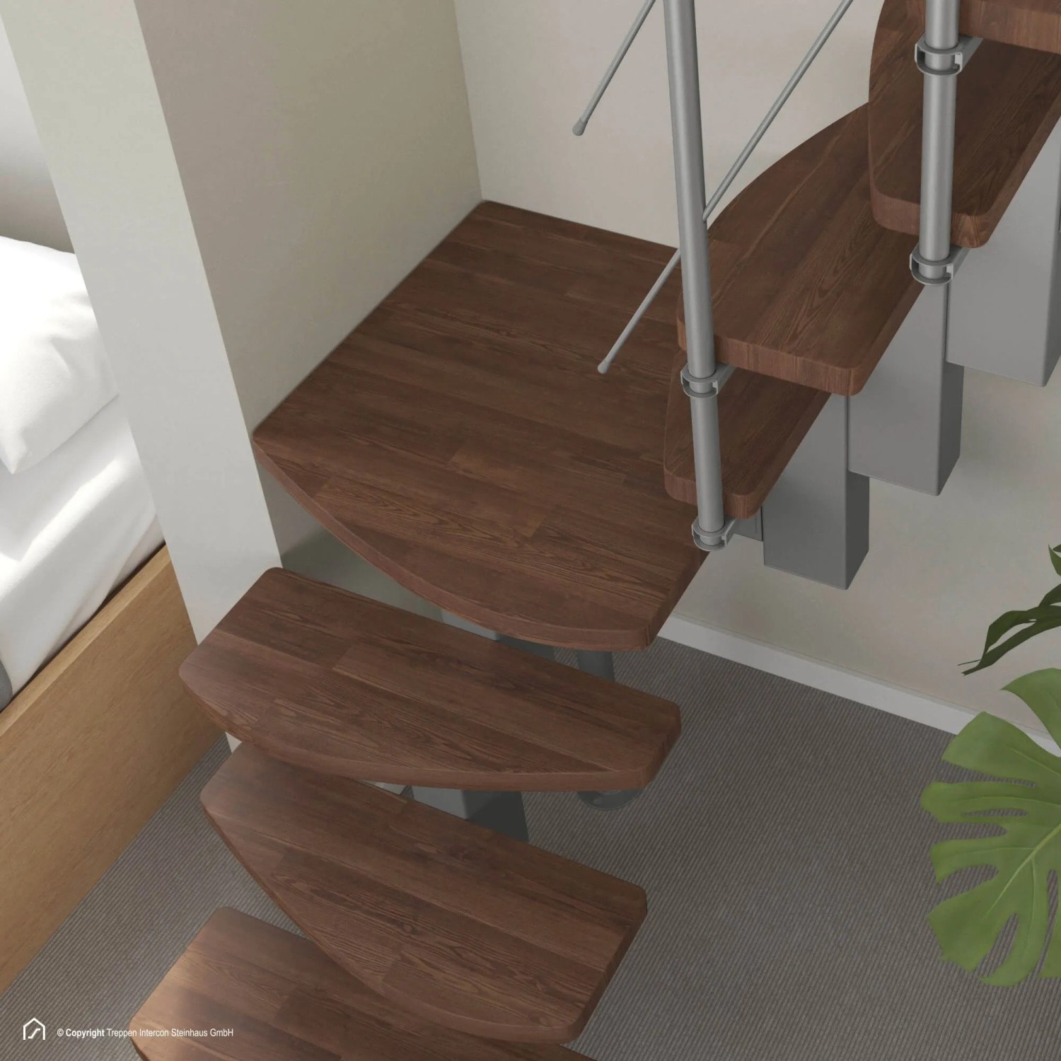 Intercon Raumspartreppe Quadro, Buche Dunkel Walnuss, Metall Italo-Silber, einseitiges Geländer.