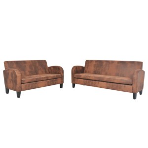 Braunes 2-tlg. Sofa-Set in Wildleder-Optik: 2-Sitzer und 3-Sitzer Ledersofas.