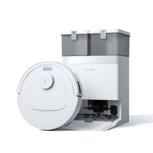 Weißer ECOVACS DEEBOT T30e OMNI Saug- & Wischroboter mit All-In-One OMNI-Station und grauen Tanks.