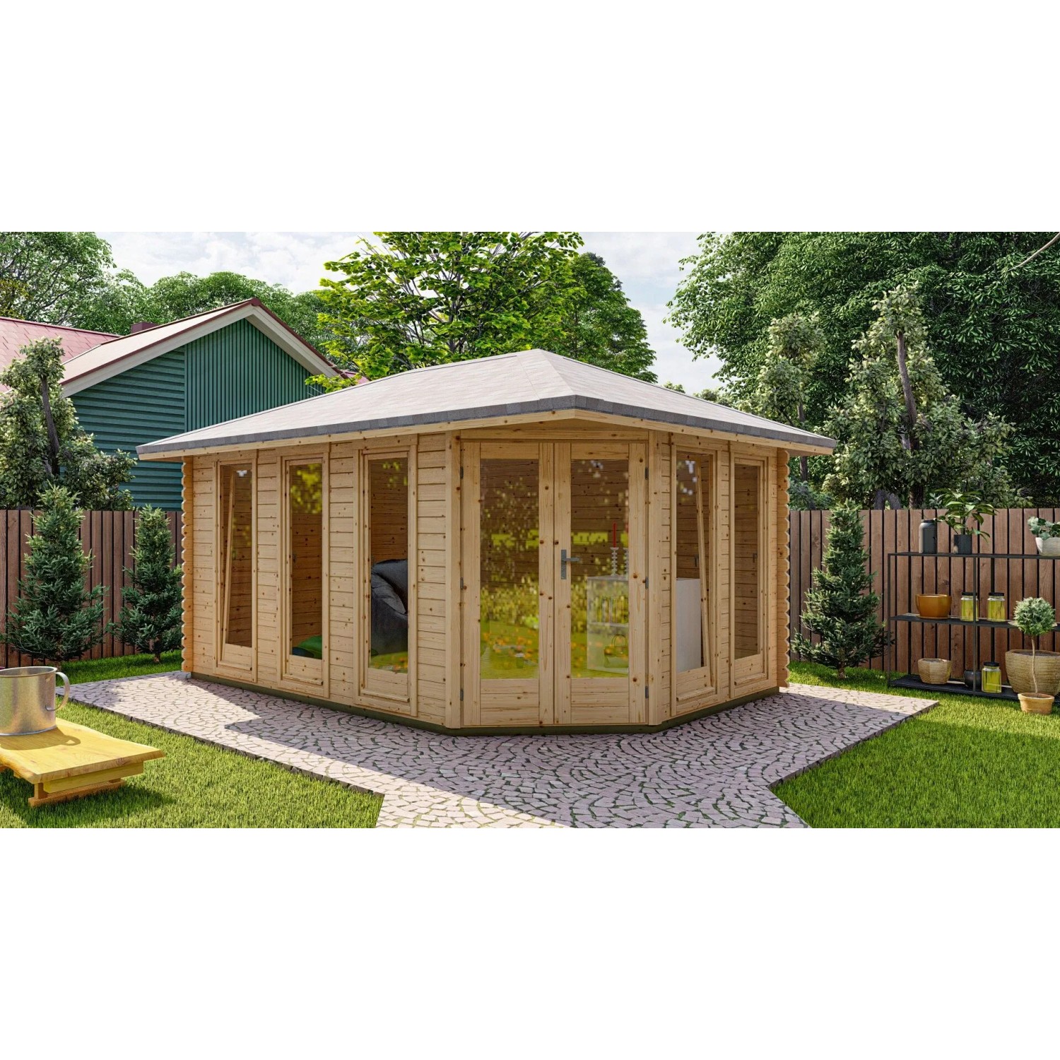 Finn Art Blockhaus 40mm 5 Eck Holz Gartenhaus 4,5x3 m York 4 mit Doppeltür ohne Fußboden
