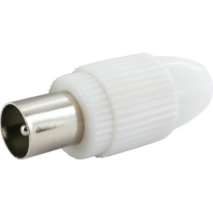 Weißer Schwaiger Koaxstecker für Antennenanschluss.