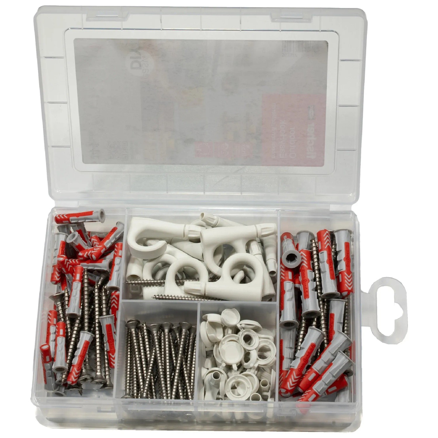 Fischer Universaldübel- und Haken-Set EasyDIY Box Outdoor, 144-teilig, in transparenter Sortierbox.
