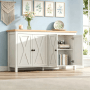 Weißes Merax Sideboard mit heller Holzplatte, 4 Türen, zwei mit X-Design. Offene Fächer zeigen Stauraum. Ideal für Wohnzimmer.