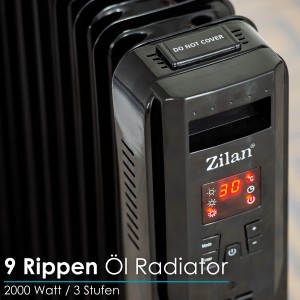 Schwarzer Zilan Öl-Radiator mit 9 Rippen, LED-Display und Fernbedienung.